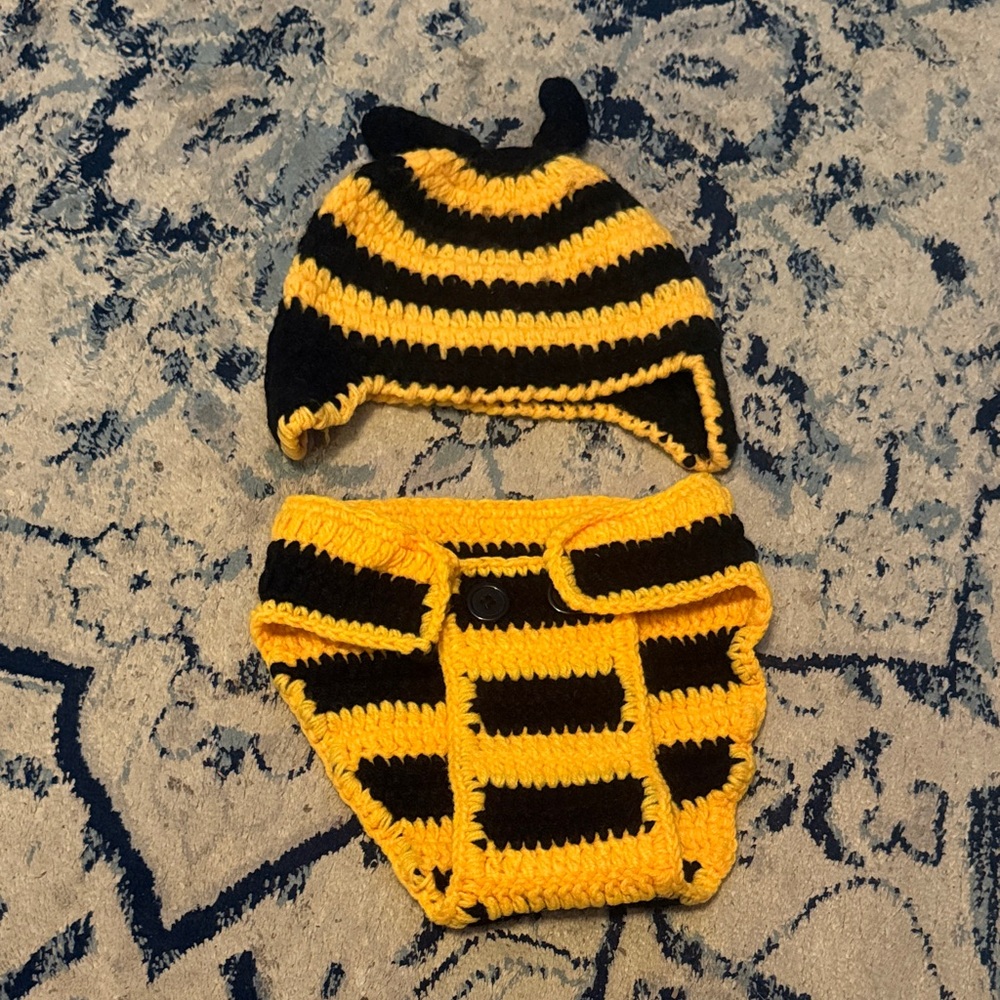 Handmade Bumblebee Knit Hat and Diaper Cover Set